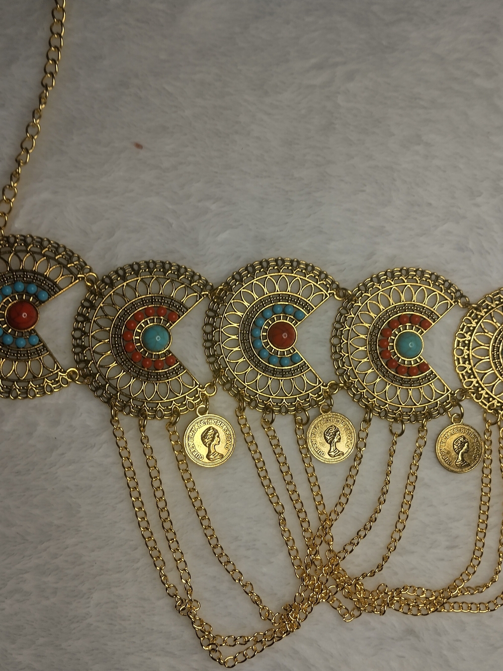 Gold Medallion Waist Chain Belt with Turquoise and Coral Accents - - Picture 2 of 5